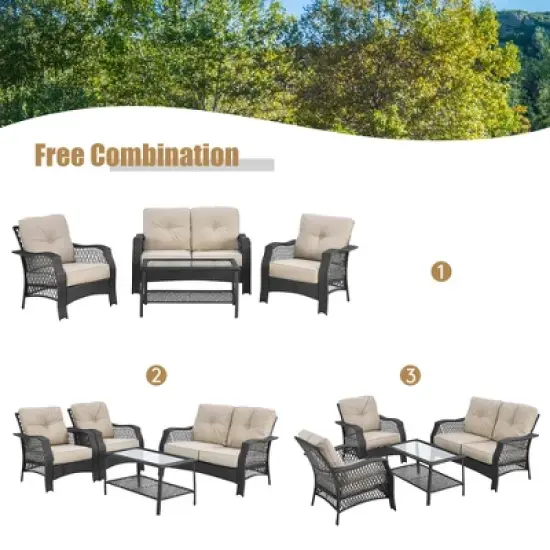 Costway 4PCS Patio Wicker Furniture Set Loveseat Sofa Coffee Table W/ Cushion image {3}
