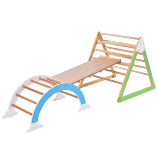 Wooden Climbing Triangle Toys - Indoor Arc Climber Jungle with Ramp and Arch Toy Rocker, Reversible Multifunction Playset Natural Wood Playground image {8}