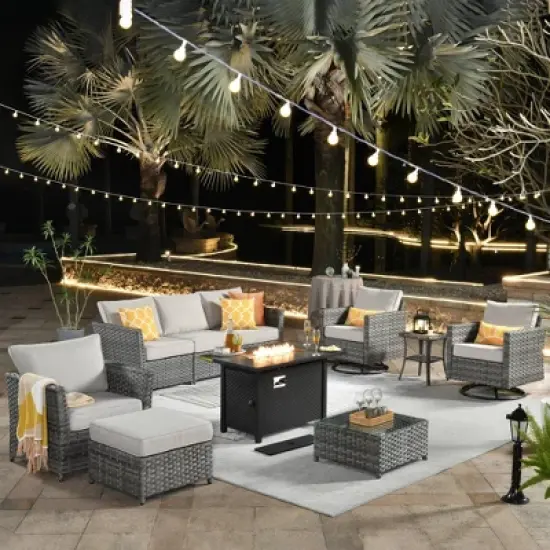 Tenaya 10pc Wicker Outdoor Patio Furniture Set Conversation Sofa with a Metal Fire Pit, Swivel Chairs and Cushions image {15}