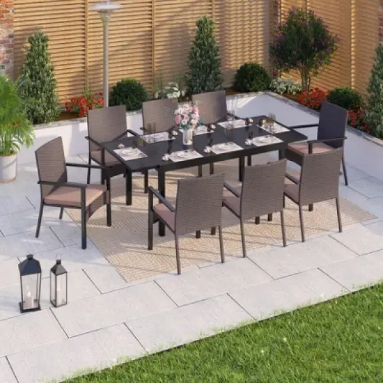 Captiva Designs 9pc Patio Rectangle Expandable Metal Dining Table & Rattan Chairs with Removable Cushions image {15}