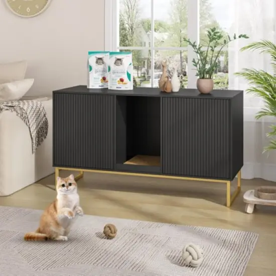 Litter Box Enclosure for 2 Cats, Double Room Kitty House with Scratch Pad image {9}