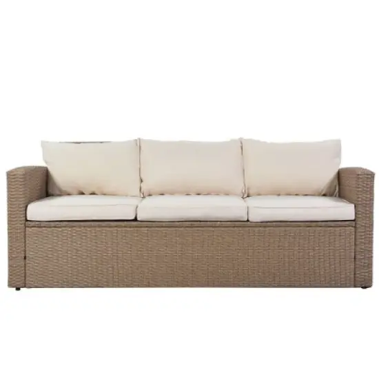 4pc Outdoor Wicker Conversation Set with Cushions - Beige - GODEER image {8}