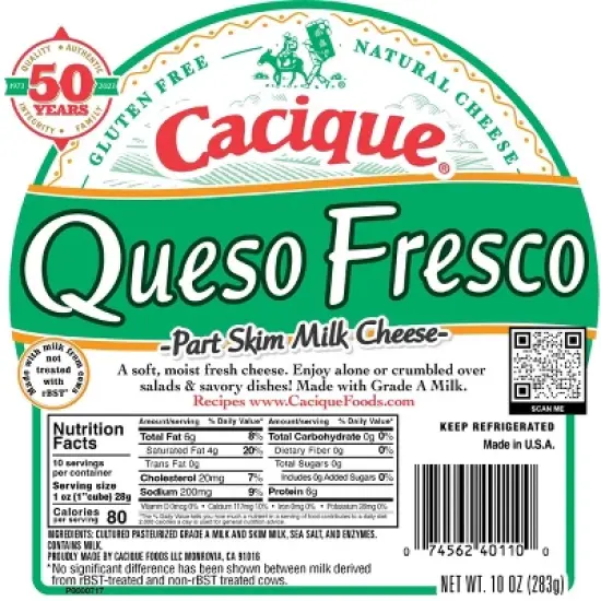 Cacique Queso Fresco Part Skim Milk Cheese - 10oz image {4}