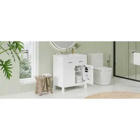 LOVMOR 30-inch Bathroom Vanity with Ceramic Sink, Modern White Single Bathroom Cabinet with 2 Doors and a Shelf, Soft Close Doors image {1}