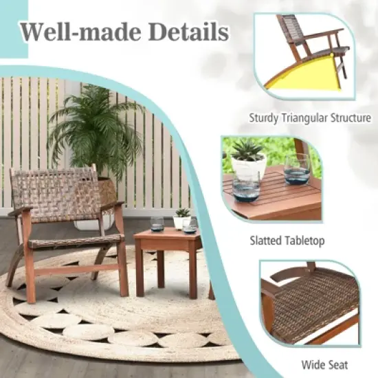 Tangkula 3 Pieces Outdoor Eucalyptus Wood Bistro Set Modern Hand-Woven PE Wicker Conversation Set image {7}