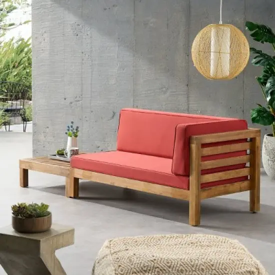 2pk Oana Outdoor Acacia Wood Right Arm Loveseat & Coffee Table with Cushion Teak/Red - Christopher Knight Home image {3}