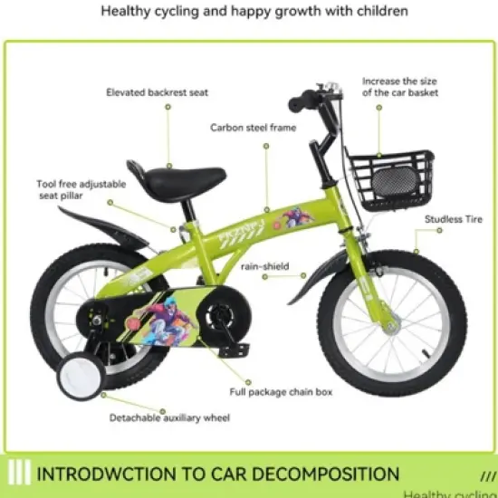 INFURNIC Bicycles 18 Inch Kids Bike with Training Wheels and Adjustable Saddle for Boys and Girls, Green, 46.4"*20.3"*30.8" image {1}