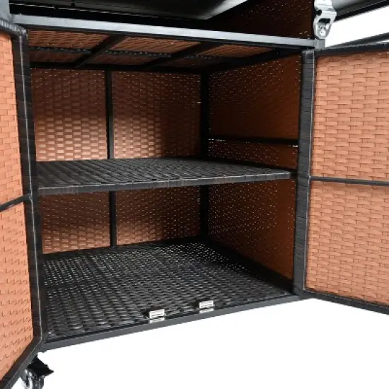 Cesicia 63.9" W Outdoor Kitchen Storage Island with Foldable Side Tabletop, Ample Storage Space, Bottle Opener for Outside BBQ, Patio, Dark Brown image {4}