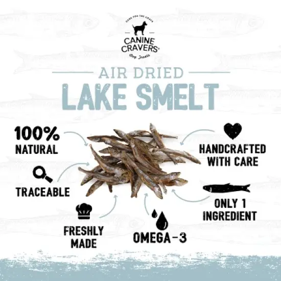 Canine Cravers Single Ingredient Air Dried Dog Treats - Wild Caught Lake Smelt 3 oz - Pouch image {3}