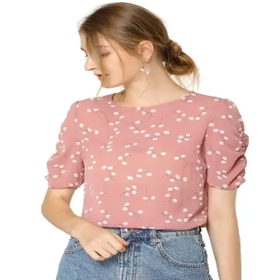 Allegra K Women's Floral Crew Neck Summer Casual Shirred Short Sleeve Blouse image {11}