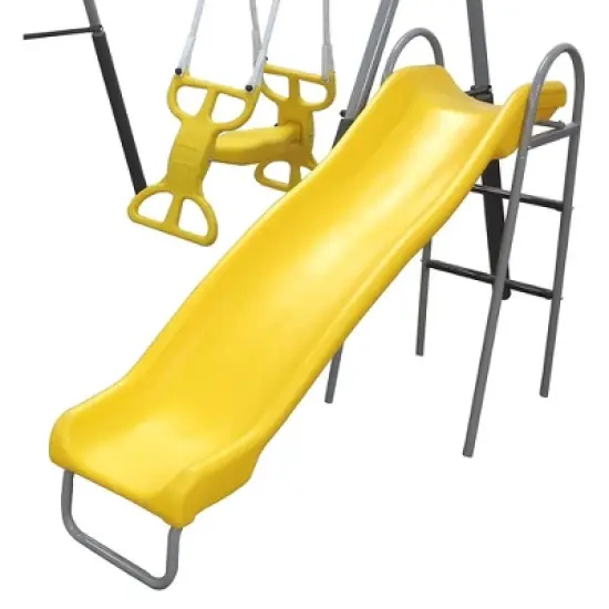 XDP Recreation Rising Sun Playground Metal A-Frame Kids Swing Set, 10 Child Capacity, Outdoor Playset with Slide, See-Saw, Glider, and Swings, Yellow image {3}