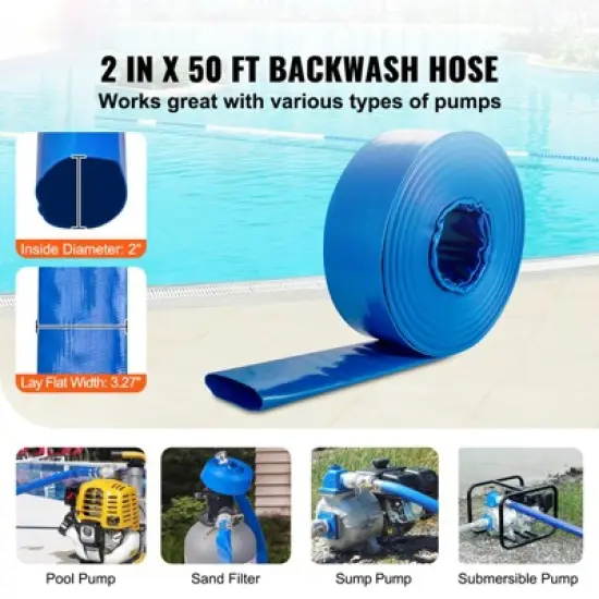 VEVOR Pool Drain Hose, 2 inch by 50 ft, Durable PVC Material, Includes Aluminum Camlock C & E Connectors and Clamps, Blue image {2}