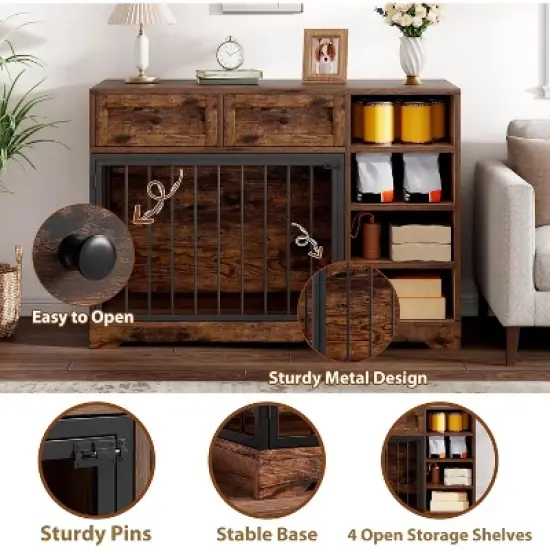 Acekool 47" Farmhouse Dog Crate Furniture with Storage Drawers & Shelves for Large Dogs image {5}