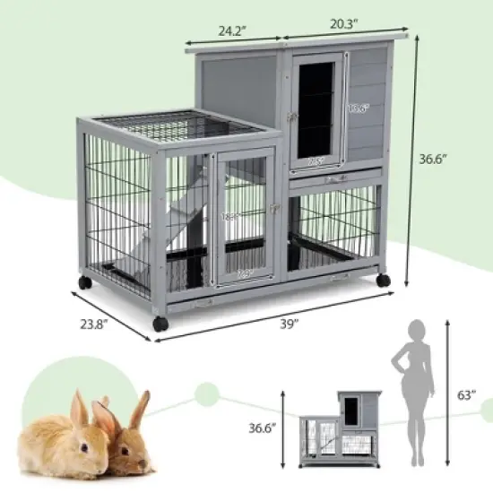 Sandinrayli Rabbit Hutch Indoor Outdoor Bunny Cage 39" L Large 2-Story Wooden Small Animal House Enclosure with Wheels image {2}