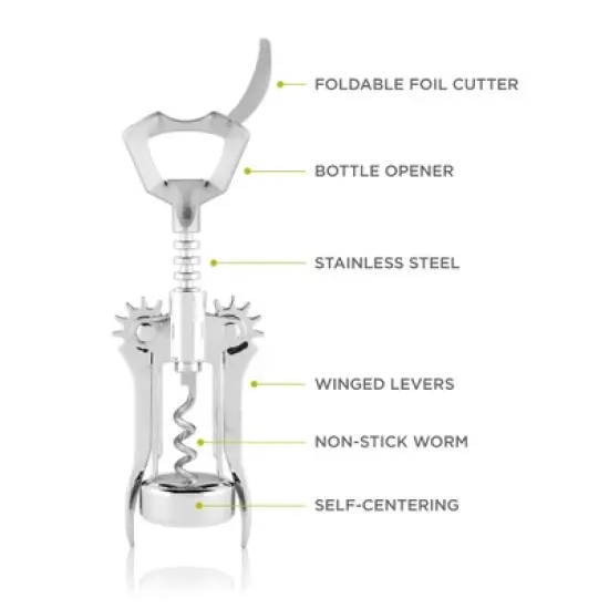 True Glider Silver Winged Corkscrew, Self Centering Worm, Bottle Opener image {1}