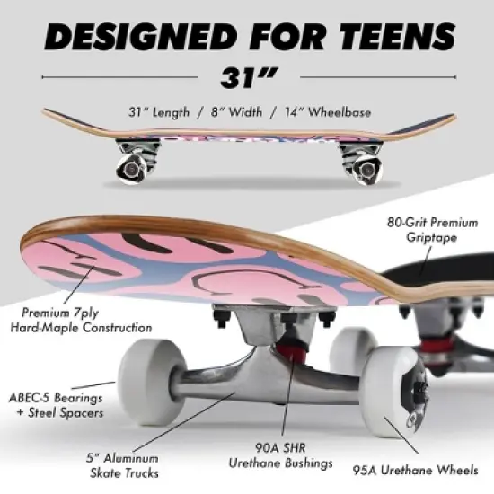 Magneto Skateboard | Maple Wood | ABEC 5 Bearings | Double Kick Concave Deck | For Beginners, Teens & Adults (Droopy Smile) image {3}
