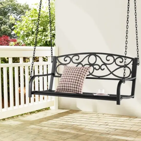Costway Outdoor 2-Person Metal Porch Swing Hanging Patio Bench 485 Lbs Capacity Black\Brown image {11}