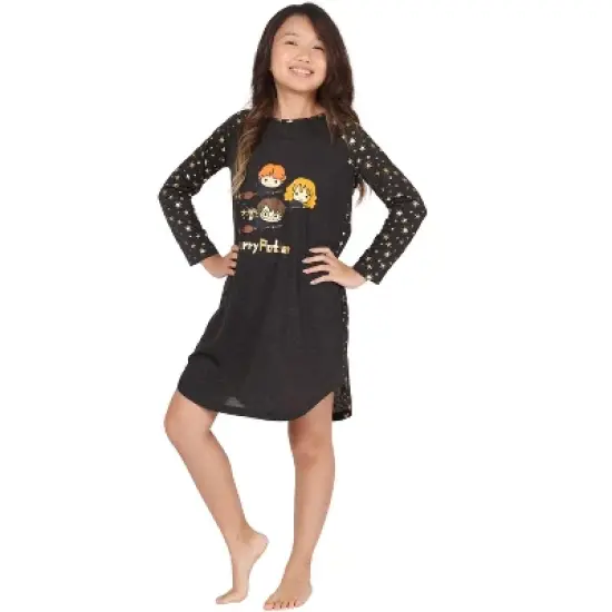 Harry Potter Hermione Chibi Charms Logo House Crest Raglan Pajama Gown Black image {1}