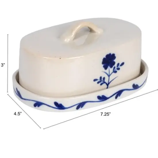 Storied Home Hand-Painted Stoneware Butter Dish with Flower, Blue and White image {1}