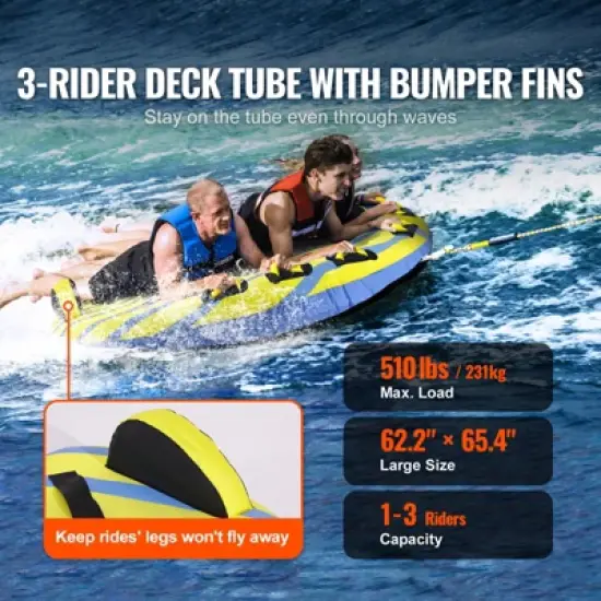 VEVOR Towable Tube for Boating, 1-3 Riders Inflatable Towable Tube with Bumper Fins, 510 lbs Water Sport Towable Tubes for Boats to Pull image {2}