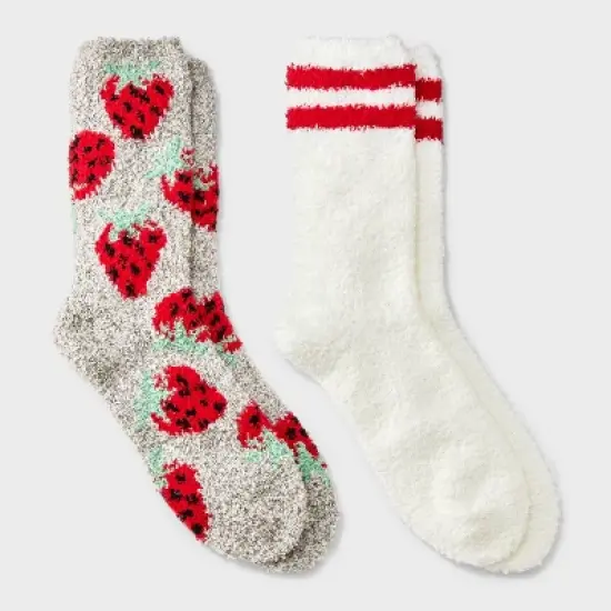 Women's Strawberry 2pk Cozy Crew Socks - Red/Gray/White 4-10 image {3}