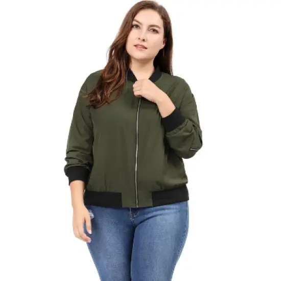 Agnes Orinda Women Plus Size Contrast Trim Zipper Pocket Lightweight Bomber Jacket image {2}