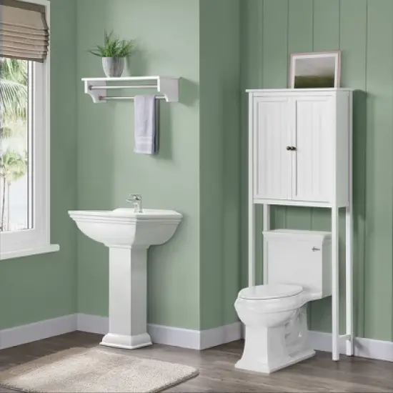 Dover Over the Toilet Hutch Bathroom Shelf with Two Doors and Two Towel Rods White - Alaterre Furniture image {1}