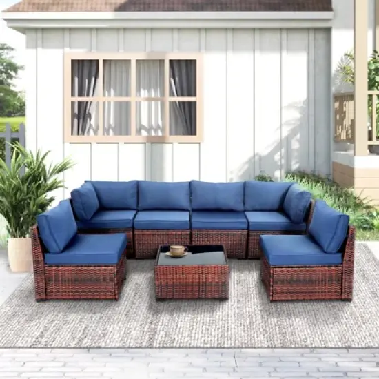Yardgrace 7-Piece Modular All-Weather Rattan Sectional Set with Glass Table image {2}