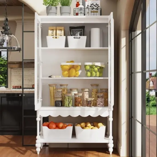 FUFU&GAGA Elegant White, Textured - Glass - Doored Pantry Cabinet with Scalloped Base & Rounded Legs for Kitchen, Dining & Living Spaces image {1}