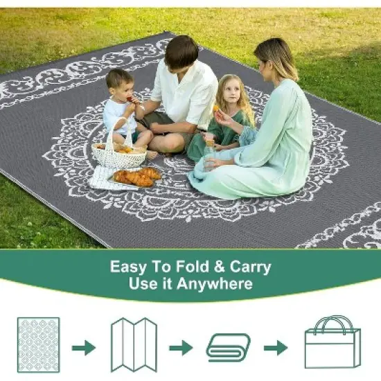 Waterproof Outdoor Rug - Reversible Plastic Straw w/ Leaf Pattern - For Patio, Deck, RV, Camping image {5}