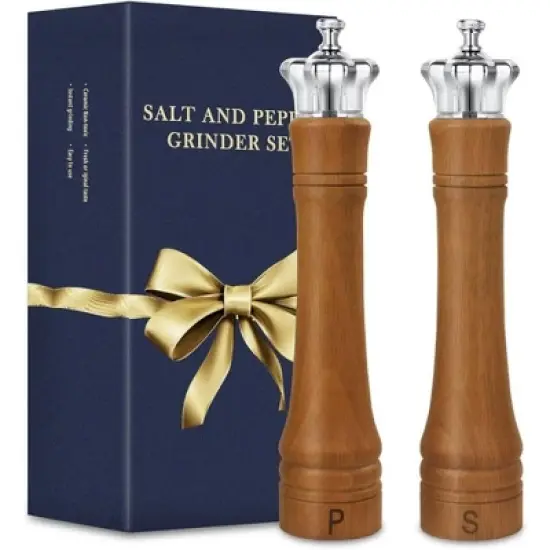 Angel Sar 10 Inch Wooden Salt and Pepper Grinder Set, 2 Pack Adjustable Ceramic Core Mills with Crown Lid, Kitchen & Dining Spice Shakers image {6}