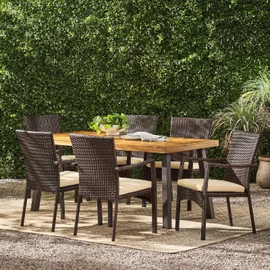 Christopher Knight Home Goleta Outdoor Acacia Wood and Wicker 7 Piece Dining Set with Cushion, Natural, Brown and Cream image {8}