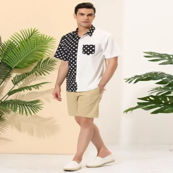 Lars Amadeus Men's Summer Polka Dots Short Sleeves Button Down Patchwork Beach Shirt image {3}