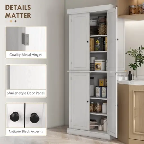 Gulches 72.5"H Freestanding Kitchen Pantry Cabinet - 4 Doors, 2 Adjustable Shelves, 6-Tier Storage, Magnetic Catches, White Wood Grain, 30"W x16"D image {8}