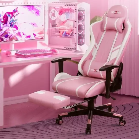Douxlife Modern 7-Point Massage Ergonomic Gaming Chair with Footrest & Adjustable Armrests Pink White image {8}