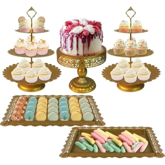 Gold Cake Stand Set,Metal Round Cake Stand Cookie & Dessert Display Tray,Banquet Tower Tray with Handle Perfect for Any Party Celebration(5 Sizes) image {7}