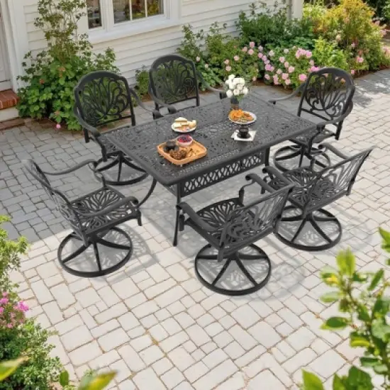 7-Piece Rectangle Cast Aluminum Outdoor Patio Dining Set with Swivel Chairs & Brown Cushions & Umbrella Hole image {2}