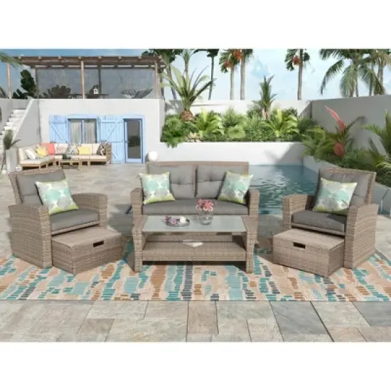 Patio Furniture Set, 4 Piece Outdoor Conversation Set All Weather Wicker Sectional Sofa with Ottoman and Cushions image {12}