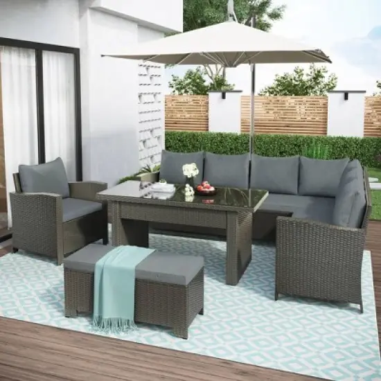 6pc Outdoor Set with Loveseats, Sofa, Chair, Bench & Coffee Table - Gray - GODEER image {1}