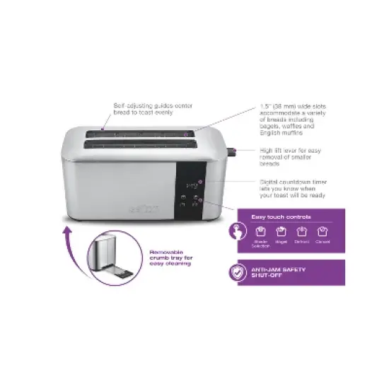 Salton Stainless Steel Countdown Long Slot Toaster 4 Slice with Extra Wide 1.5" slots for Bagels, Waffles, Artisan Specialty Breads, 6 Shade Settings image {3}