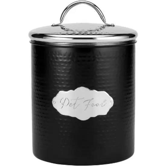 Amici Pet Cavalier Pet Food Canister, Black & Silver Hammered Metal Storage Jar with Handle Lid - Large 104 Oz. Airtight Container, 10" H x 6.5" W image {5}