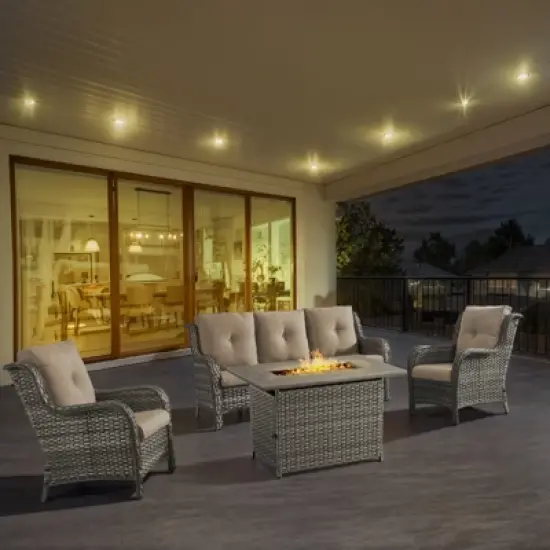 POCASSY 4-Piece Outdoor Furniture Set with 50000BTU Propane Fire Pit, All Weather Wicker Patio Fire Pit Table Set with 3-Seater Sofa and Club Chair image {16}