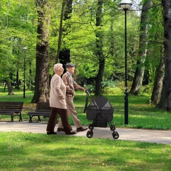 Racxily Foldable Pet Stroller with Weather Cover, 4 Wheels Pet Strolling Cart for Small/Medium Dogs and Cats with Removable Liner Storage Basket image {3}