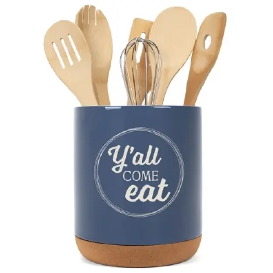 Elanze Designs Y'all Come Eat Southern Accent Ceramic Cork Bottom Navy Blue Large Capacity Utensil Holder Crock for Countertop Storage, Stylish & image {4}