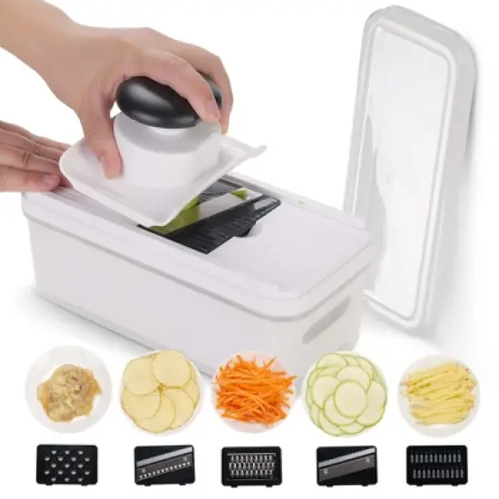 Cheer Collection Vegetable Slicer with 5 Stainless Steel Blades and Storage Container with Lid, Black and White image {7}