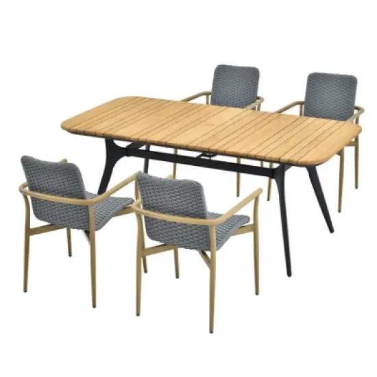 Decksplore 4/6 Person Rectangular Outdoor Dining Set, Teak Outdoor Dining Set with Rectangular Table & Umbrella Hole Non-Extension image {8}