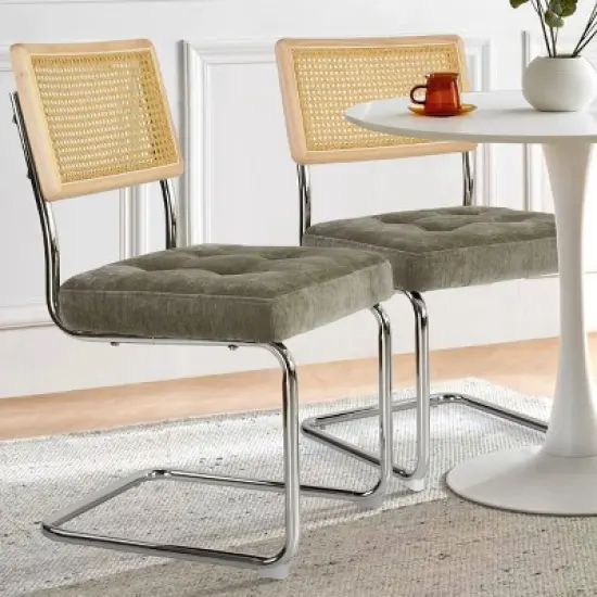 Set of 2 Kylie 20.5" Wider Flannel Upholstered Tufted Seat With Metal Chrome Legs and Woven Rattan Backrest Dining Chairs - The Pop Maison image {13}