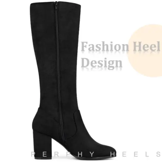 Perphy Women's Round Toe Chunky Heels Side Zip Knee-High Dress Prom Boot image {4}