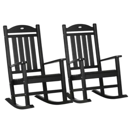 Outsunny 2 Pc Outdoor Rocking Chair, Traditional Slatted Porch Rocker with Armrests, Waterproof HDPE, Black image {3}