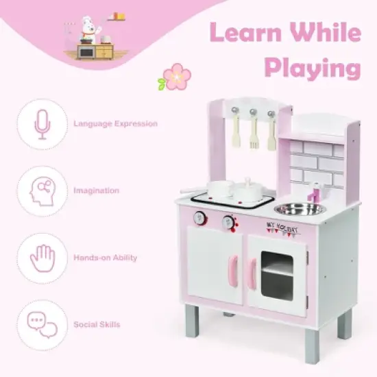 Costway Kids Play Kitchen Wooden Pretend Play Cooking Set Toys w/ Accessories image {4}
